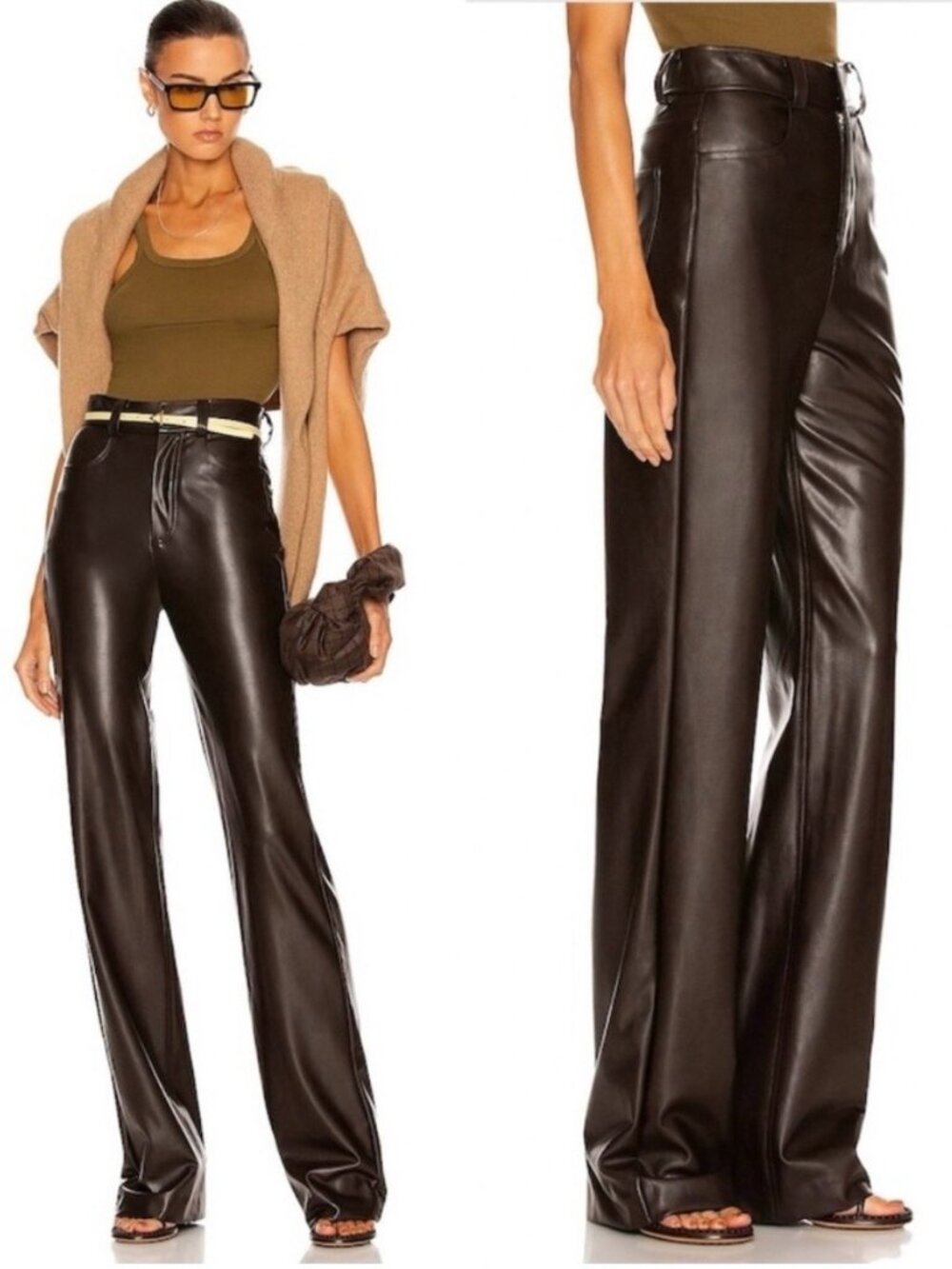 ALC Christopher Pants Size 4 Brown Faux Leather Wide Leg High Rise Quiet Luxury